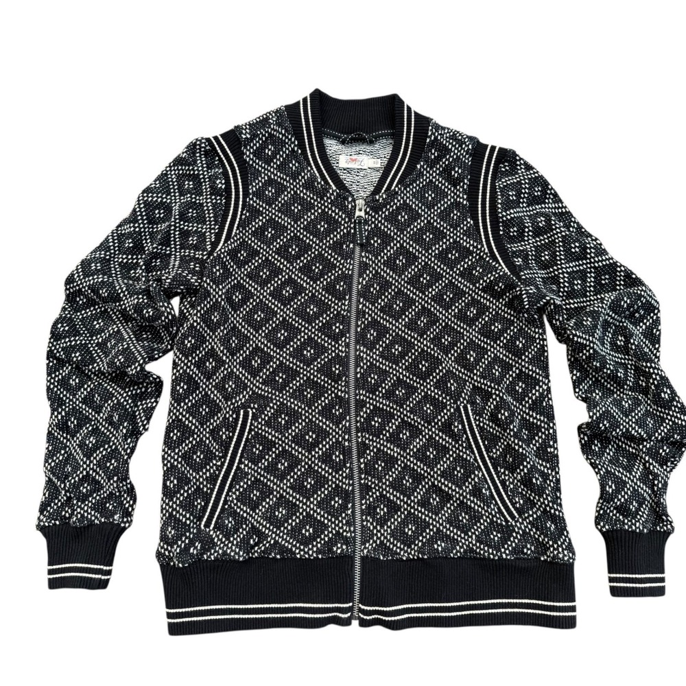 Faherty Brand Women Black White Diamond Knit Full Zip Bomber Sweater Jacket S